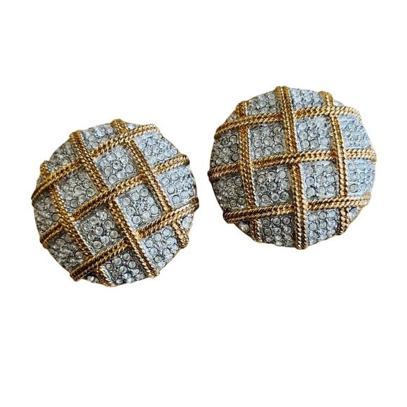 Swarovski Jewelry - Swarovski Basket-Weave Earrings Signed Crystal Pave Chunky Regal Clip Round 90s